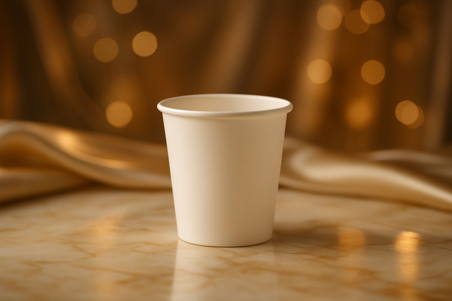 無地ペーパーカップ5オンスサイズをラグジュアリー感ある背景で作成ください