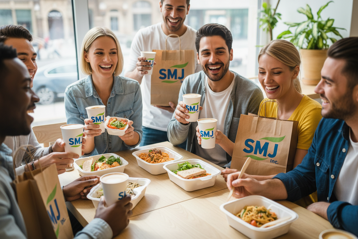 「SMJ Inc.」ロゴ入り、紙カップ、食品容器、紙袋を男女が笑顔で使用している様子を作成して下さい